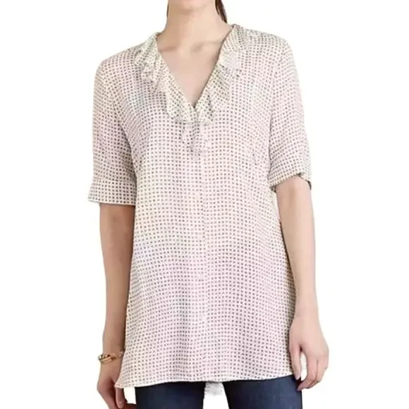 11.1 Tylho ANTHROPOLOGIE Minnie Blouse Ruffle Tunic Top Shirt Cross Print- L NWT - Picture 1 of 7
